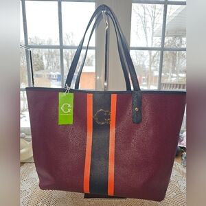 C Wonder Tote NWT Burgundy With Orange And Navy Stripes Down Center